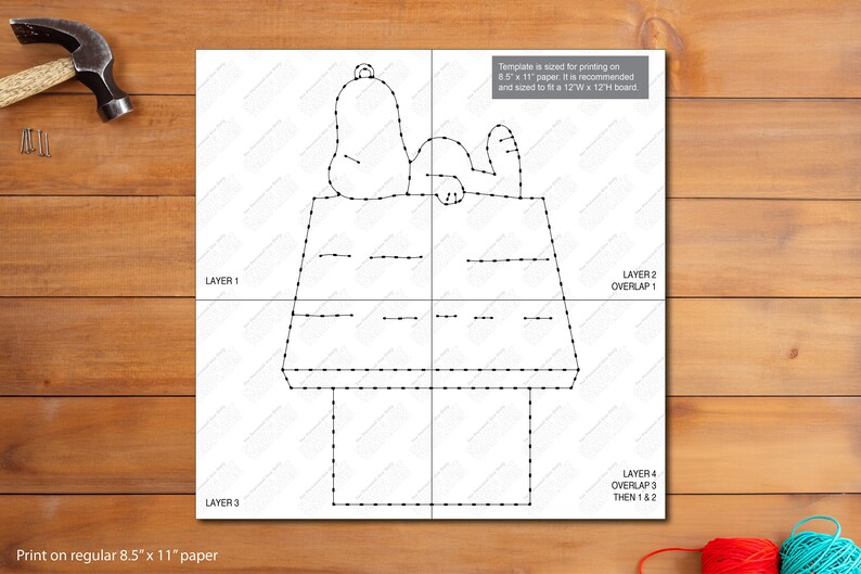 May include: A black and white printable template for a 3D paper craft of Snoopy laying on top of his doghouse. The template is divided into four layers with instructions for assembly. The text "Template is sized for printing on 8.5 x 11" paper. It is recommended and sized to fit a 12W x 12H board" is included on the template.