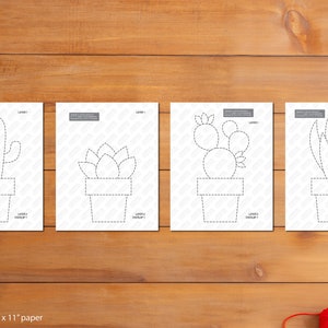 May include: Four printable templates for creating paper crafts of potted plants. Each template features a different plant design: a cactus, a succulent, a cactus with round segments, and a plant with long, narrow leaves. The templates are labeled "Layer 1" and "Layer 2 (Overlap)". The text "Print on regular 8.5" x 11" paper" is at the bottom of the image.