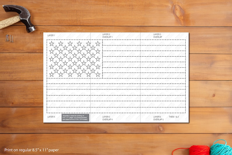 May include: Printable template for creating a layered paper American flag. The template is divided into six sections, each labeled with a layer number and overlap instructions. The template includes a grid of stars and stripes.