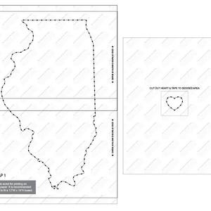 Peut inclure: Un modèle imprimable pour créer une carte en plusieurs couches représentant le contour de l'État de l'Illinois. Le modèle comprend deux couches, avec des instructions pour découper une forme de cœur et la coller à l'endroit souhaité.