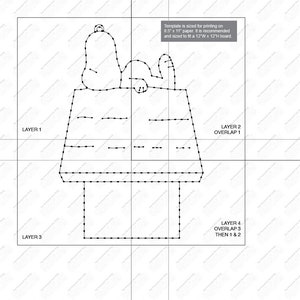 May include: A black and white line art illustration of a dog sleeping on top of a doghouse. The image is divided into four layers with instructions for assembling the layers. The text "Template is sized for printing on 8.5" x 11" paper. It is recommended and sized to fit a 12W x 12 H board" is included in the image.