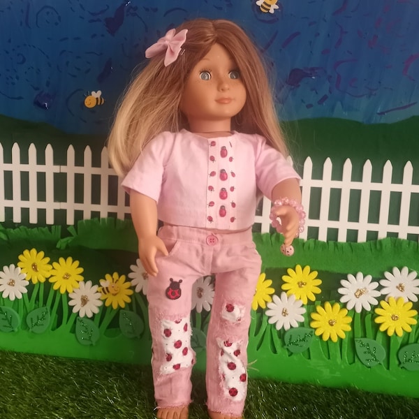 Slim 18 in Doll 4-pc ripped denim jeans ladybug Outfit fits slim 18 in dolls  like Our Generation & Journey dolls GBN "Goin' Barefoot" No. 6