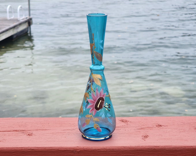 Art Nouveau Handblown Blue Glass Bulb Bud Vase for Antique Vintage Home Decor & Gifts