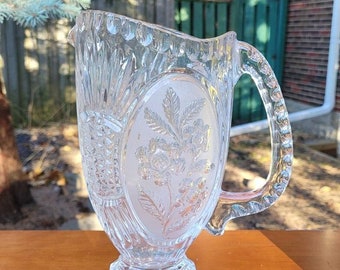 Pretty Etched Glassware Pitcher For Your Dinner Table! Features Floral Pressed Pattern!