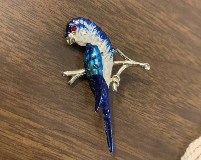 Vintage Blue Parrot Pin Scarf Clip with Ruby Glass Eye and Gold Accents