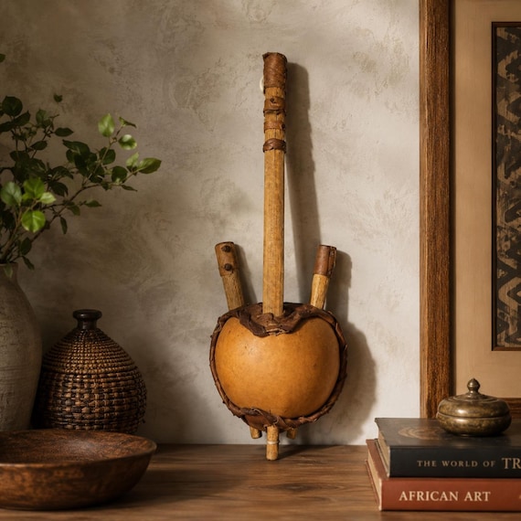 Vintage Handcrafted African Gourd String Musical Instrument Folk Art Decor