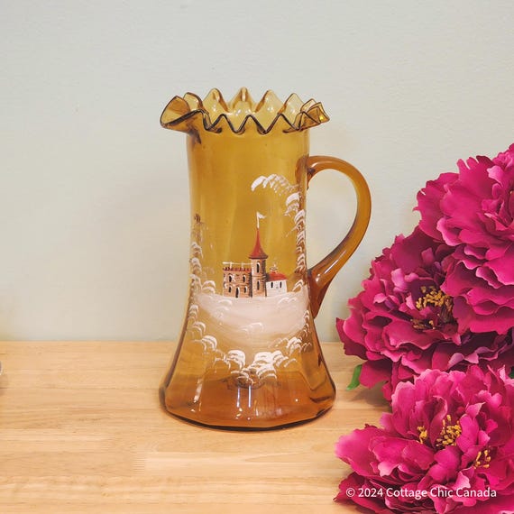 Victorian Amber Glass Pitcher: Hand-Painted Castle Scene, c. 1880-1910