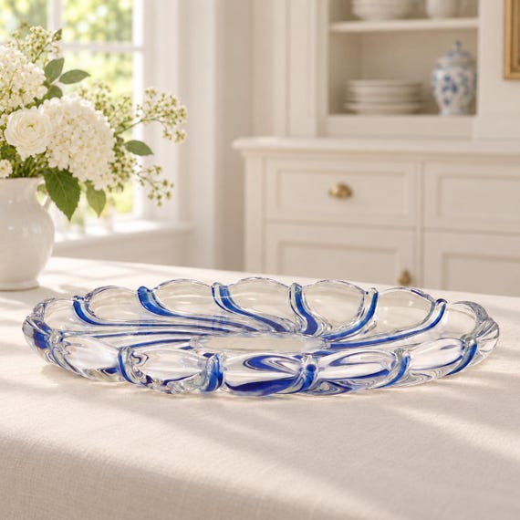 Vintage Mikasa Peppermint Cobalt Glass Candy Dish, Oval Blue Swirl Sweetmeat Tray, Small Platter