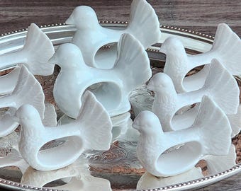 Vintage White Ceramic Dove Napkin Rings, Set of 8, For Wedding, Thanksgiving, and Holiday Dinners