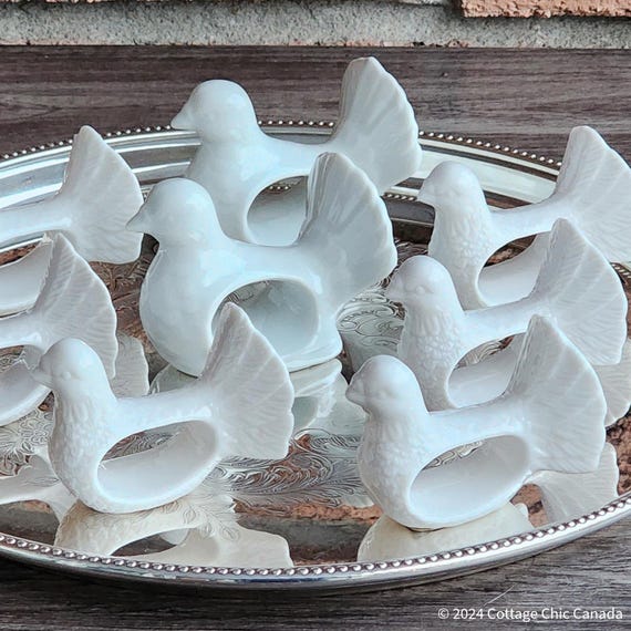Vintage Ceramic Dove Napkin Rings Set of 8 • Wedding, Thanksgiving & Holiday Table Decor