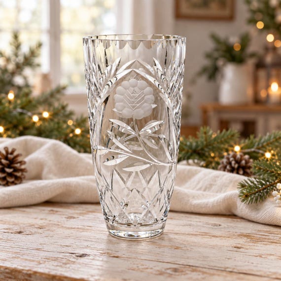 Vintage West German Lead Crystal Vase, Frosted Rose & Diamond Cuts, Bohemian Style, 8 Inch