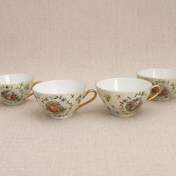 Set of 4 Vintage Fisher China L’Amour Teacups Pearl Lustre Gold Fragonard Germany