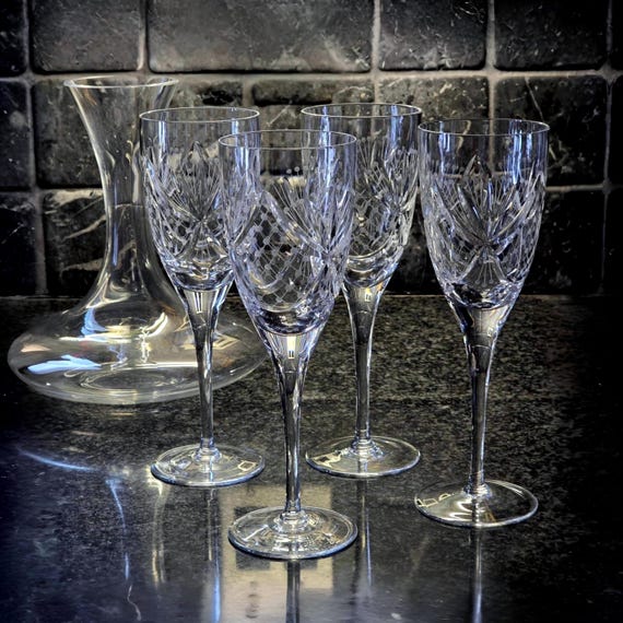 Vintage Hand Cut 24% Lead Crystal Wine Goblets – Set of Four Handmade Barware Hungary