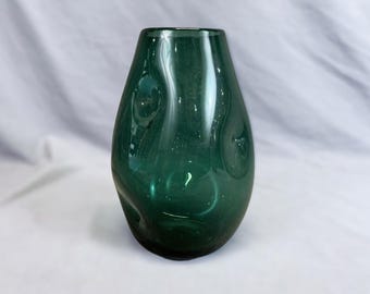 Vintage Hand-Blown Emerald Green Dimple Vase, Mid Century Modern, Art Glass Collectible, 9" Tall