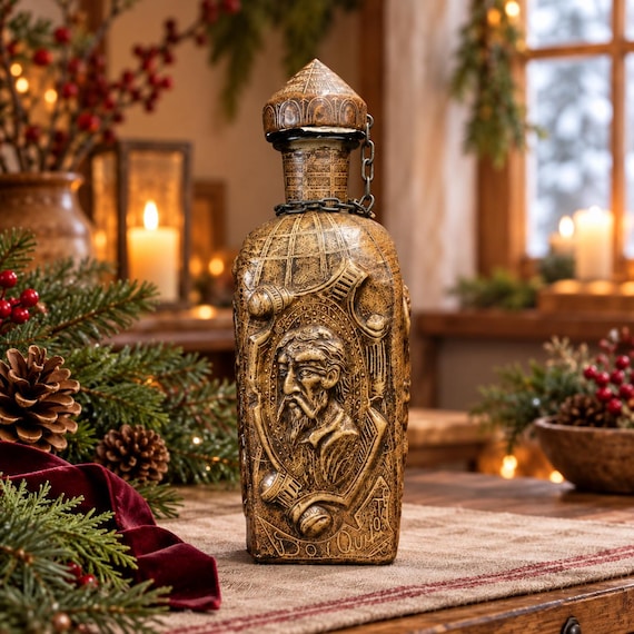 Vintage Spanish Leather-Wrapped Glass Decanter, Don Quixote & Sancho Panza, Chained Cork Stopper
