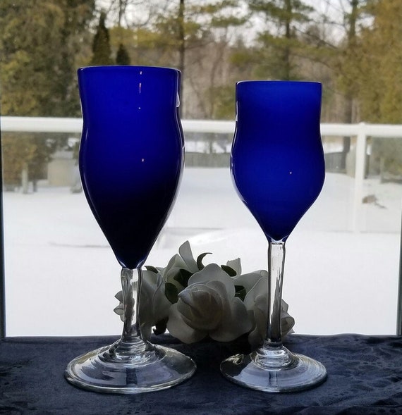 Signed Studio Art Glass Goblets Pair – Handblown Cobalt Blue Unique Stemware One-of-a-Kind