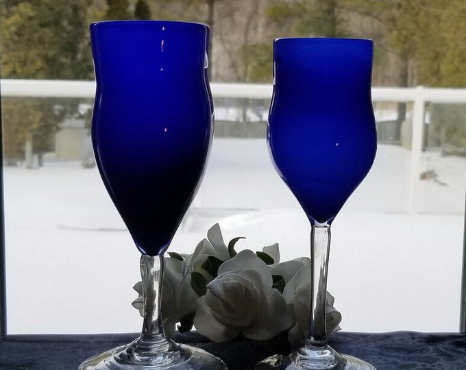 Cobalt Blue Handblown Wine Glasses – Set of 2, Unique Artisan Glassware, One of a Kind