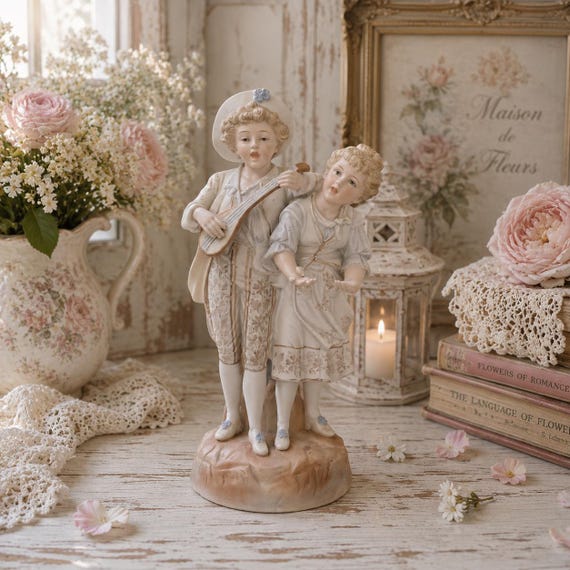 Vintage Bisque Porcelain Musical Children Figurine Lute Players Romantic Antique Style 10.5 Inch