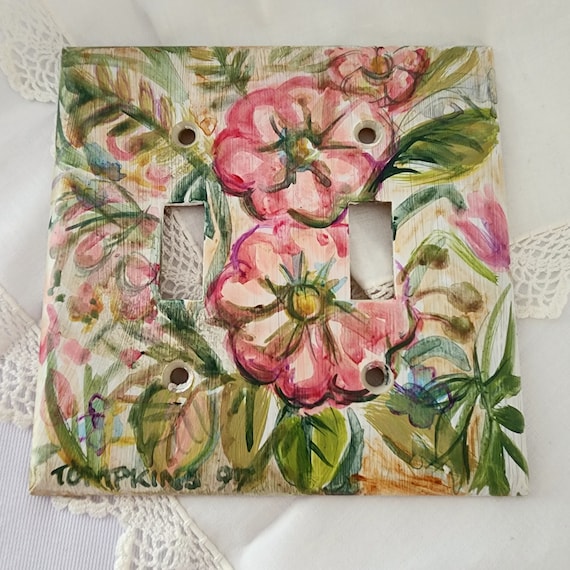 Vintage Hand Painted Light Switch Cover – Shabby Chic Floral Wall Plate, Cottagecore Decor