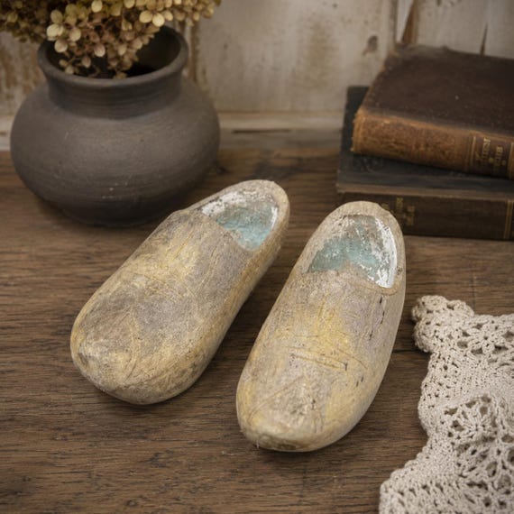 Primitive Wooden Clogs Rustic Handmade Shoes With Iron Spikes for Folk Art Decor