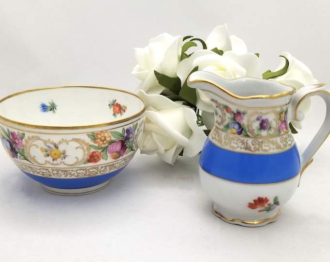 Schumann Dresden Hand Painted Floral Creamer and Sugar Bowl