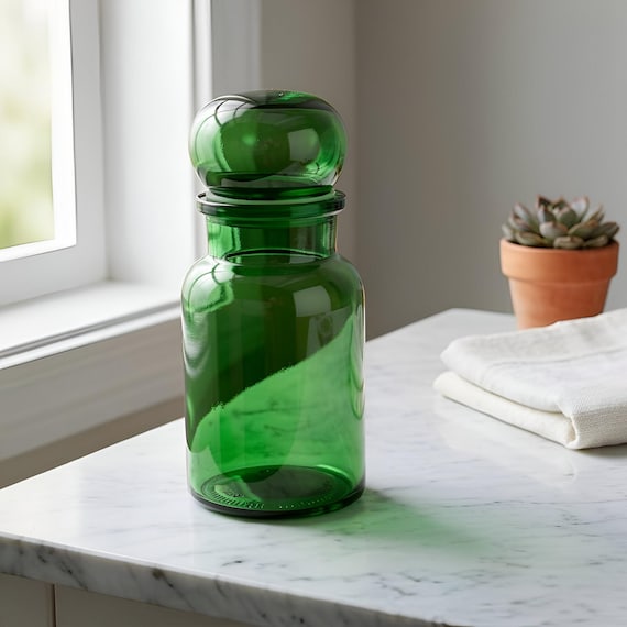 Vintage Belgium Emerald Green Glass Apothecary Jar – Lidded Canister