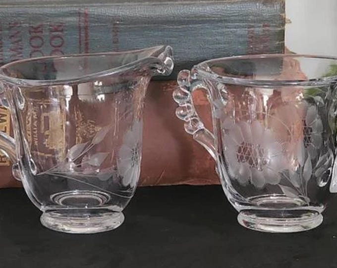 Hughes Cornflower Etched Glass Creamer and Sugar Bowl Set – Imperial Candlewick 400/30, Vintage
