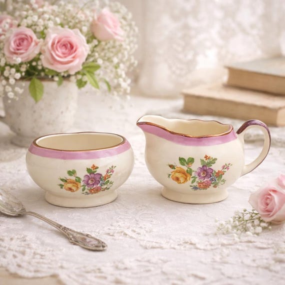 Gray’s Pottery Mini Creamer and Sugar – Pink Copper Lustre Floral 360 – England