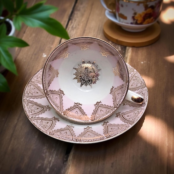 Schlottenhof Bavaria Demitasse Cup and Saucer – Pink and Gold Art Deco Germany