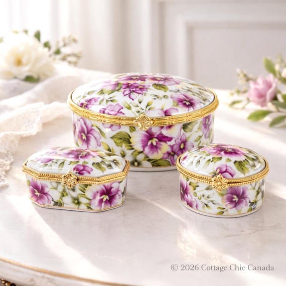 Sorelle Porcelain Trinket Box Set – Gilt Floral Vanity Jewelry Boxes –  Japan