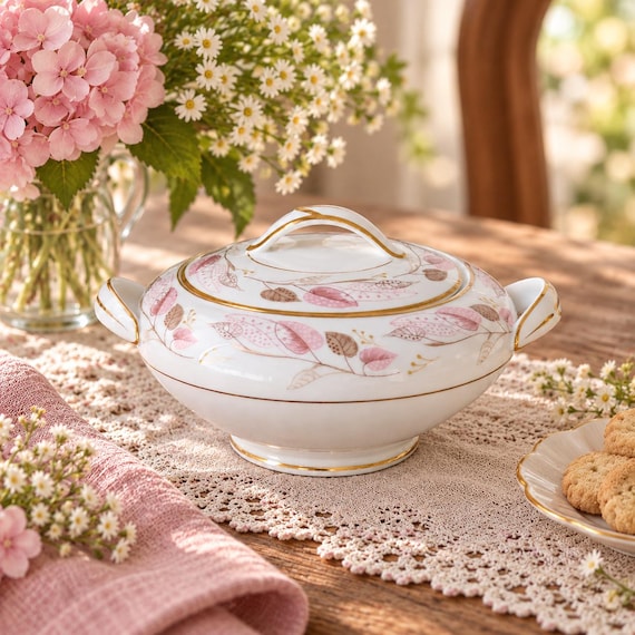 Vintage Noritake Rosanne Covered Sugar Bowl Soft Pink Brown Leaves Gold Trim Japan