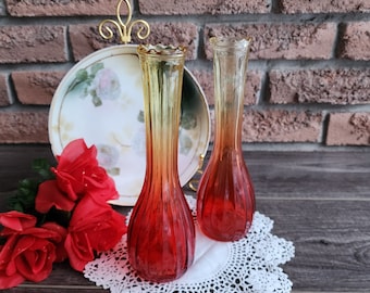 2 Jeannette Amberina Colored Glass Vases! Beautiful Glass Bud Vases! Cool Atomic Design!