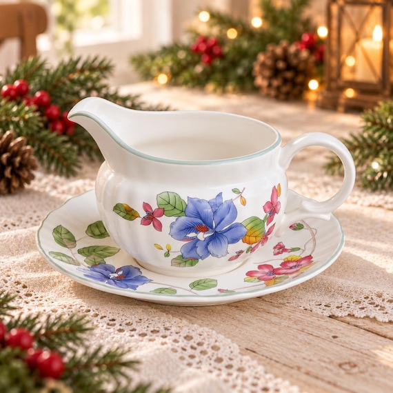 Vintage Mikasa Heirloom Gravy Boat and Underplate, Floral Butterfly Stoneware Serveware