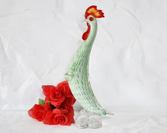 Murano Venetian Art Glass Cockerel Rooster Figurine, 13 3/4 in, Mid Century 1960s