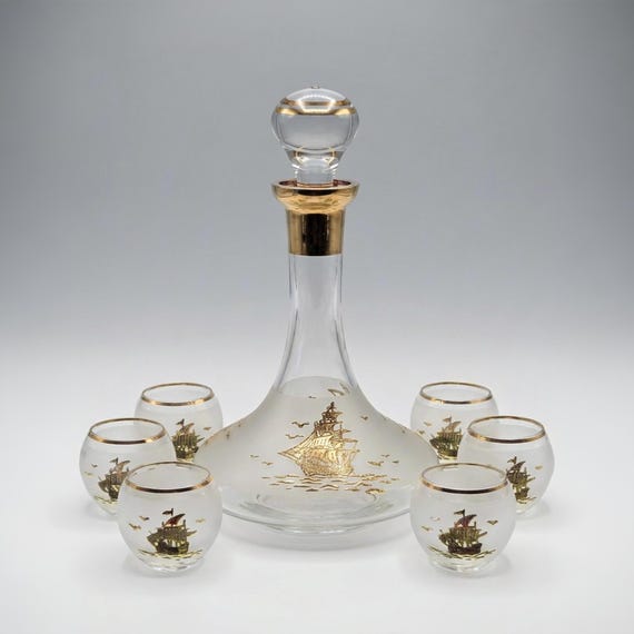 Mid Century Bohemian Tall Ship Decanter Set – 8 Piece Frosted Gold Enamel Glass