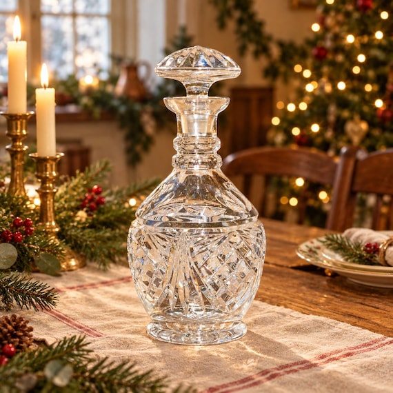 Mid Century Lead Crystal Decanter – 1950s Cut Glass Barware – Starburst Base with Stopper