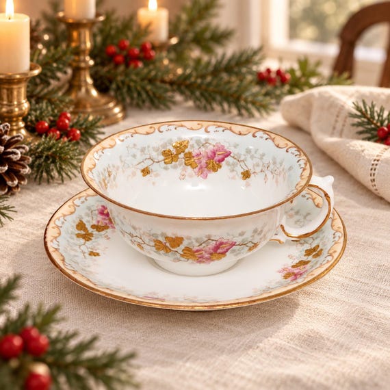 Antique Pointons T801 Teacup and Saucer, Pink Floral Bone China, Gold Trim, Edwardian England