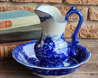 Antique Flow Blue China Pitcher & Basin Set! 19th Century Flow Blue Ironstone Pottery!