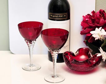 Vintage Sasaki Coronation Ruby Red Wine Glasses – Mid Century Japanese Crystal Stemware, Set of 2