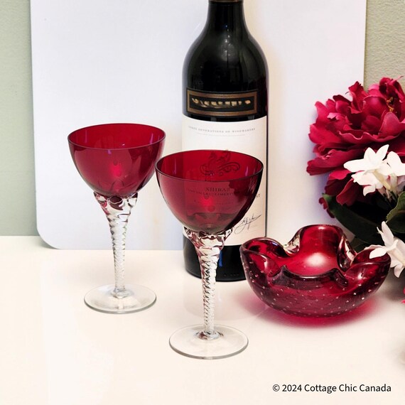 Vintage Set of 2 Sasaki Ruby Red Wine Glasses • Mid Century Japanese Crystal Stemware