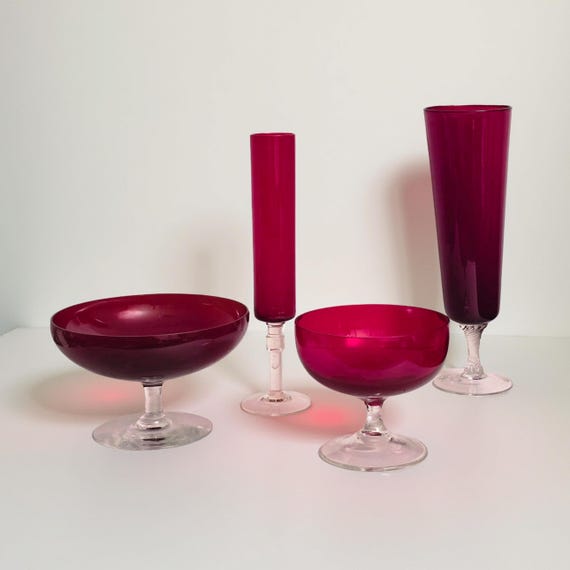 Mid Century Ruby Red Glassware Set – Pedestal Compotes and Vases