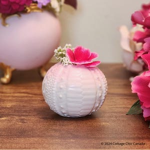 Pode incluir: Um pequeno vaso redondo de cerâmica rosa e branco com uma superfície texturizada, adornado com uma flor rosa brilhante e pequenas flores brancas. O vaso está sobre uma superfície de madeira, com outros vasos decorativos no fundo.