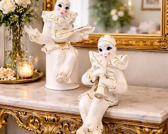 French Clown Figurine Pierrot Vintage Ceramic Music Box Japan