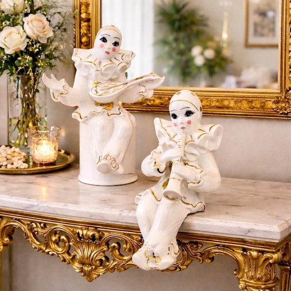 Tall Porcelain Harlequin Pierrot Clown Figurines 22K Gold Musicians – Vintage Hollywood Regency