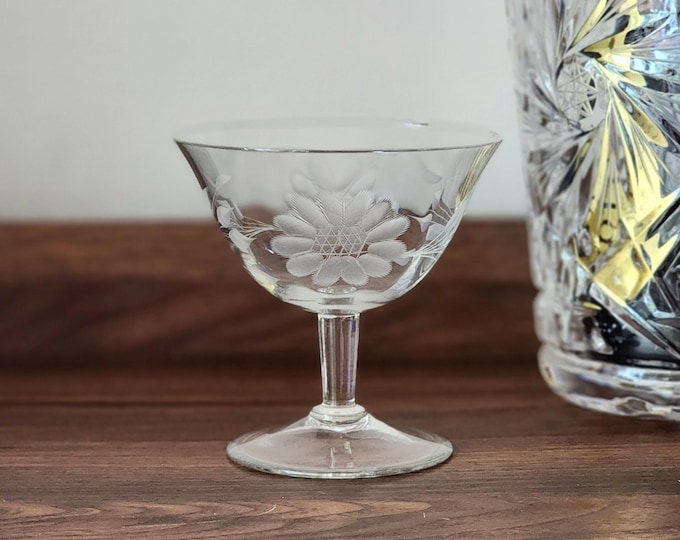 Hughes Cornflower Etched Crystal Coupe Champagne / Low Sherbet Glass, Smooth Stem, Optic Panels