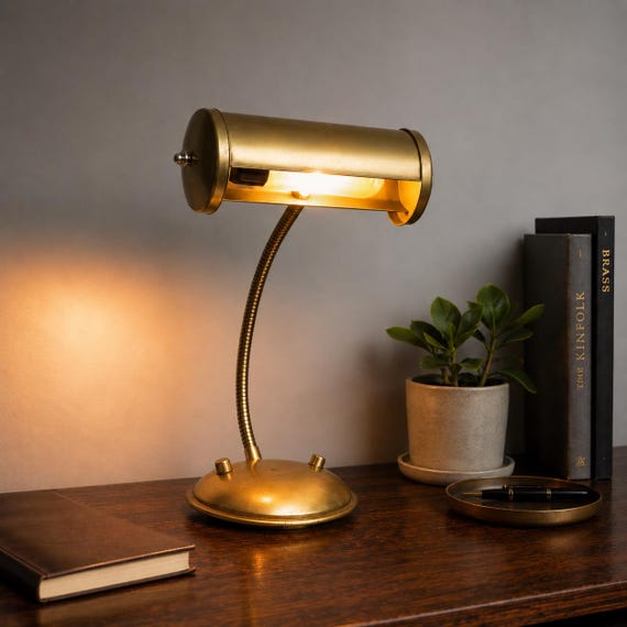 Vintage Brass Gooseneck Desk Lamp Mid Century Modern Adjustable Task Light