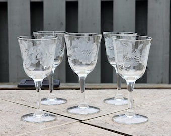 Vintage Hughes Cornflower Etched Sherry Glasses, Set of 5