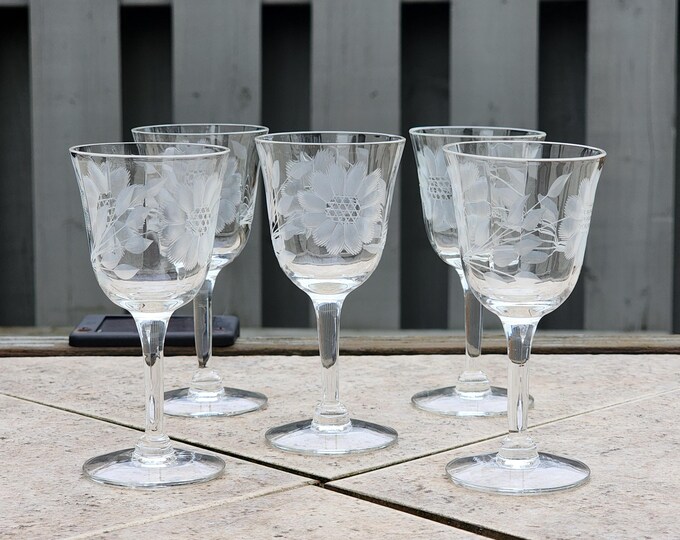 Hughes Cornflower Etched Port Wine Sherry Glasses, Smooth Stem, Optic, Set of 5