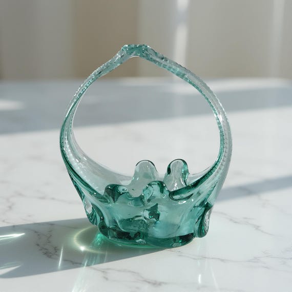 Hand Blown Teal Art Glass Basket – Large Vintage Sculptural Centerpiece Gift Decor