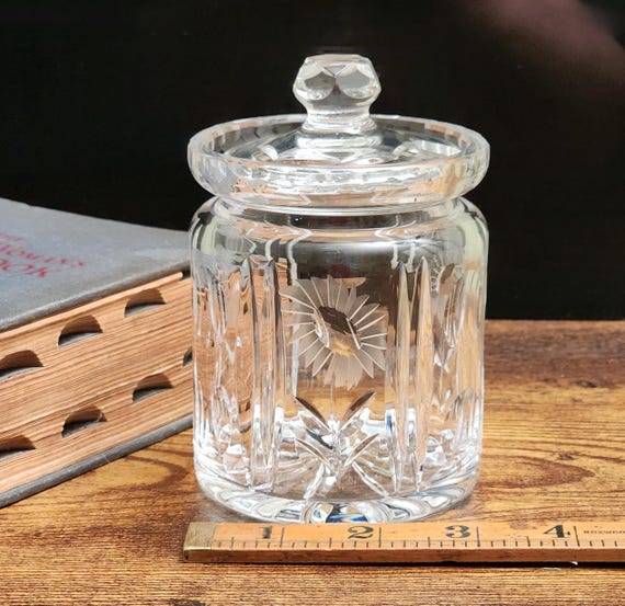 Mid Century Crystal Preserve Jam Jar – Sunburst Floral Etched Glass Design Vintage Kitchenware